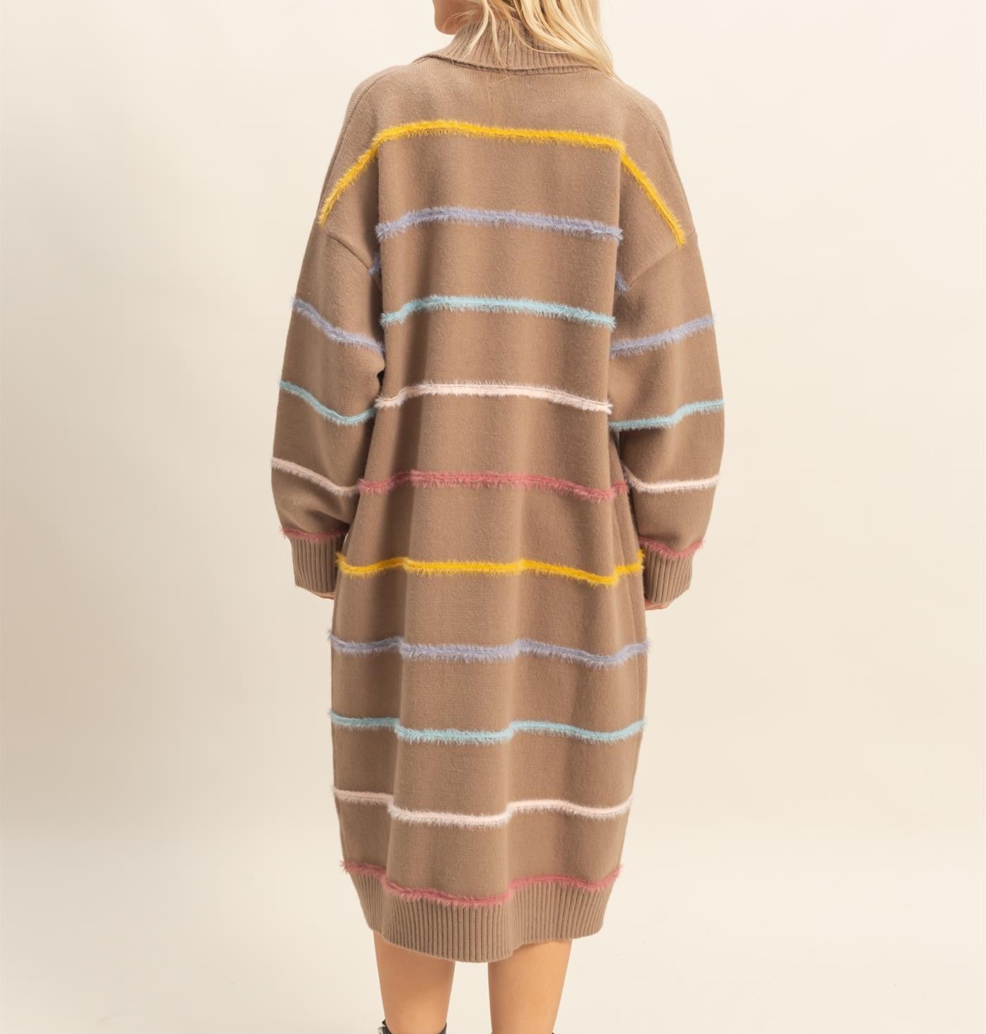 Mocha Multicolor Striped Open Front Long Cardigan