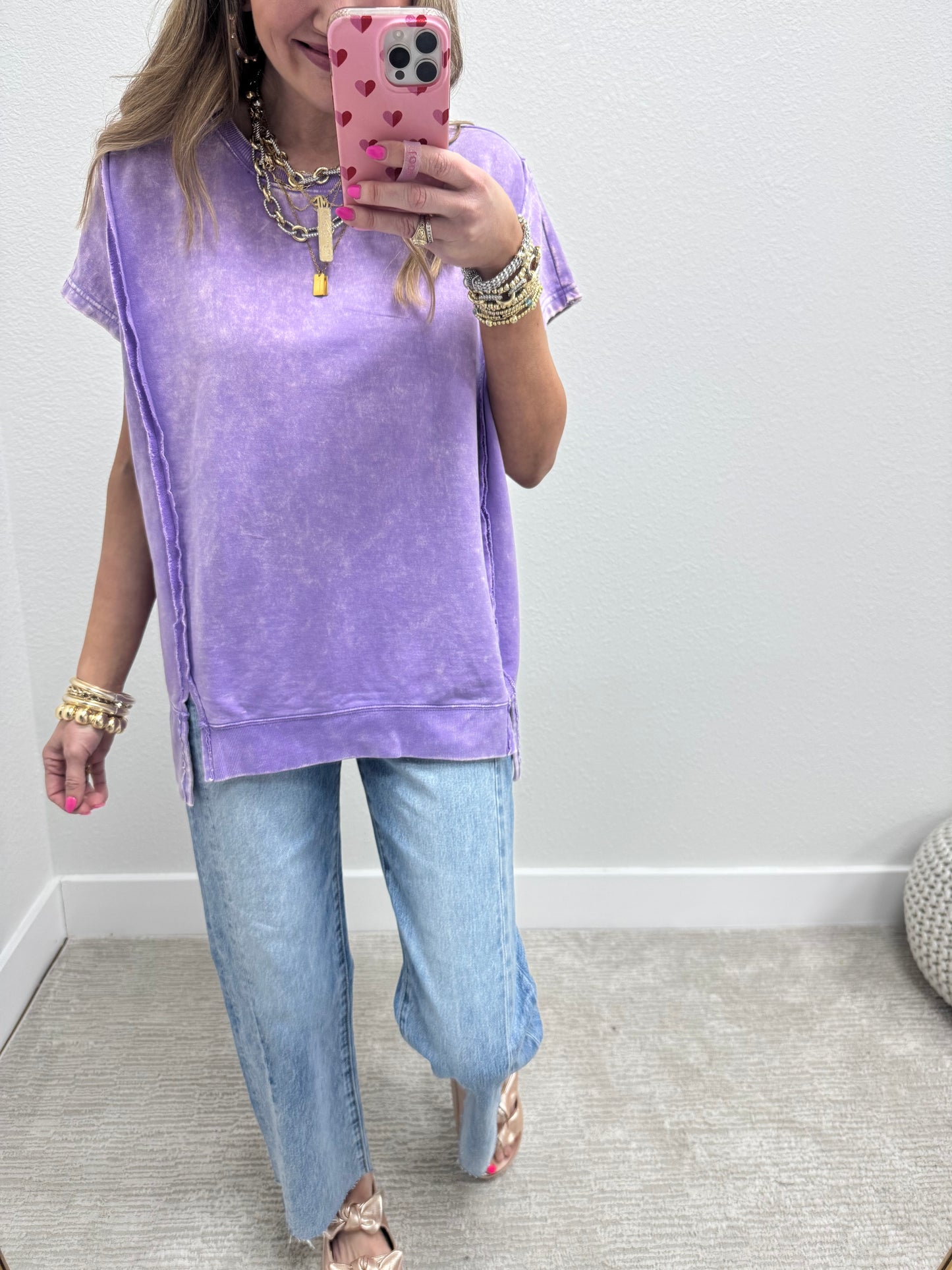 Lavender Mineral Washed Exposed Hem Short Sleeve
