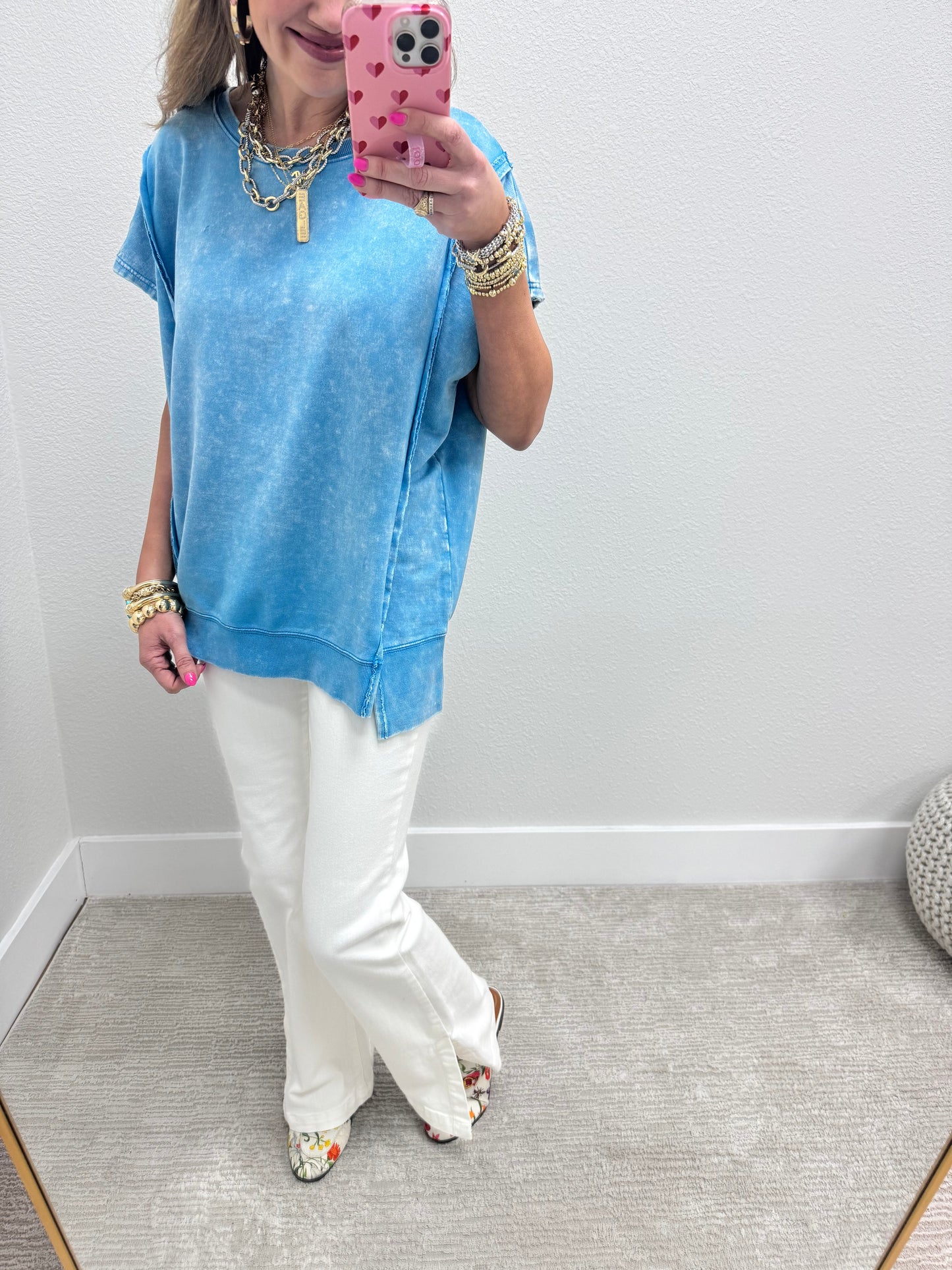 Sky Blue Mineral Washed Exposed Hem Short Sleeve