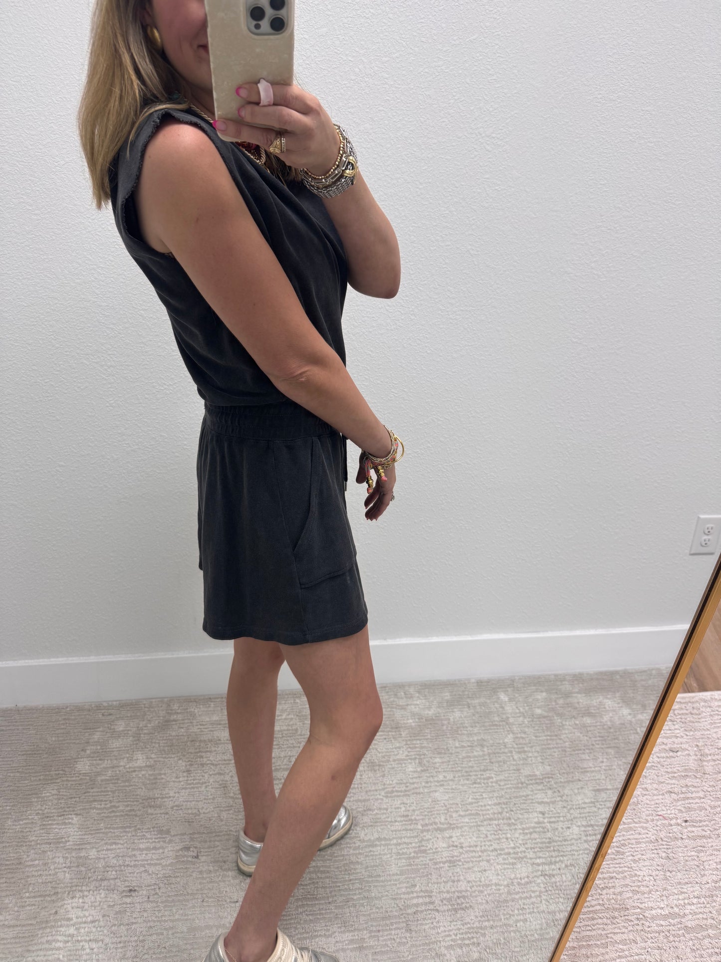 Black Washed Drawstring Waist Romper