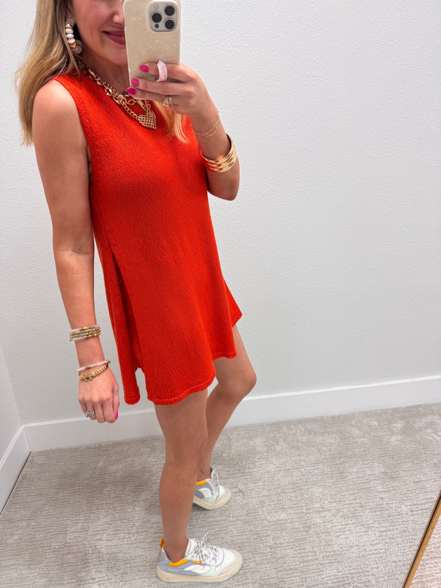 Aug11- Orange Knit side slit tank short set
