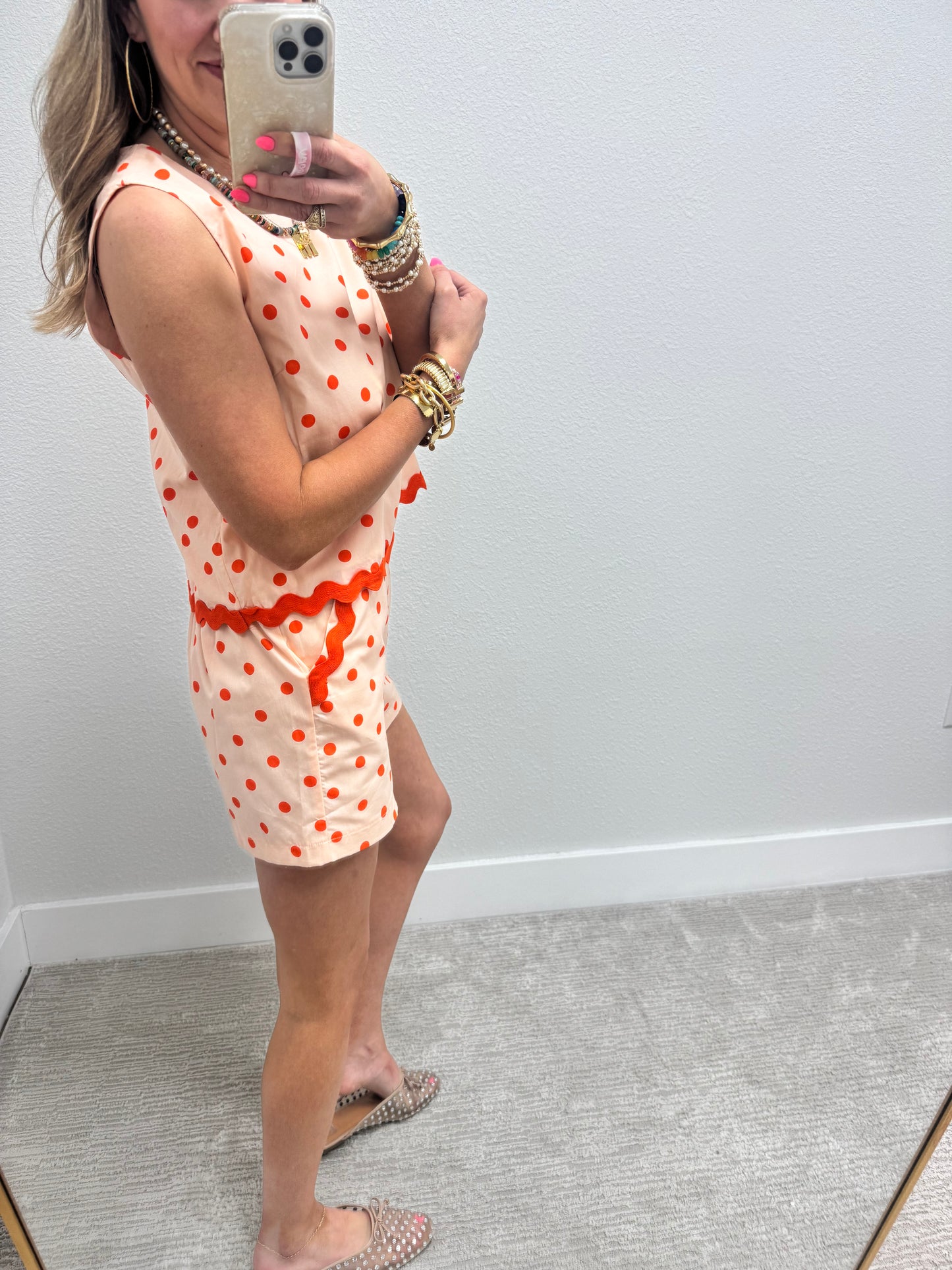 Orange and Cream Polkadot Ric Rac Two Piece Short Set