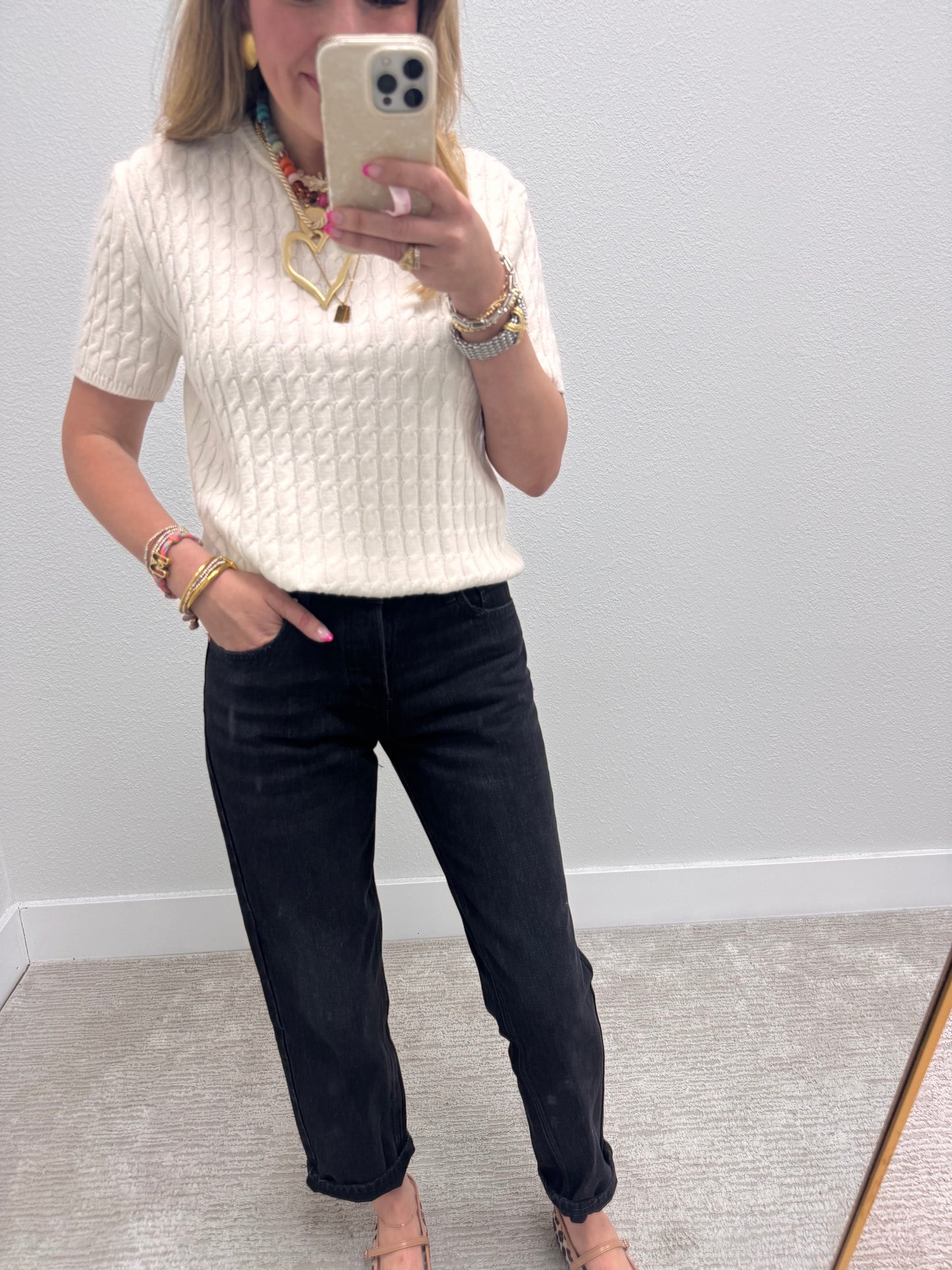 Cream Round Neck Cable Knit Top