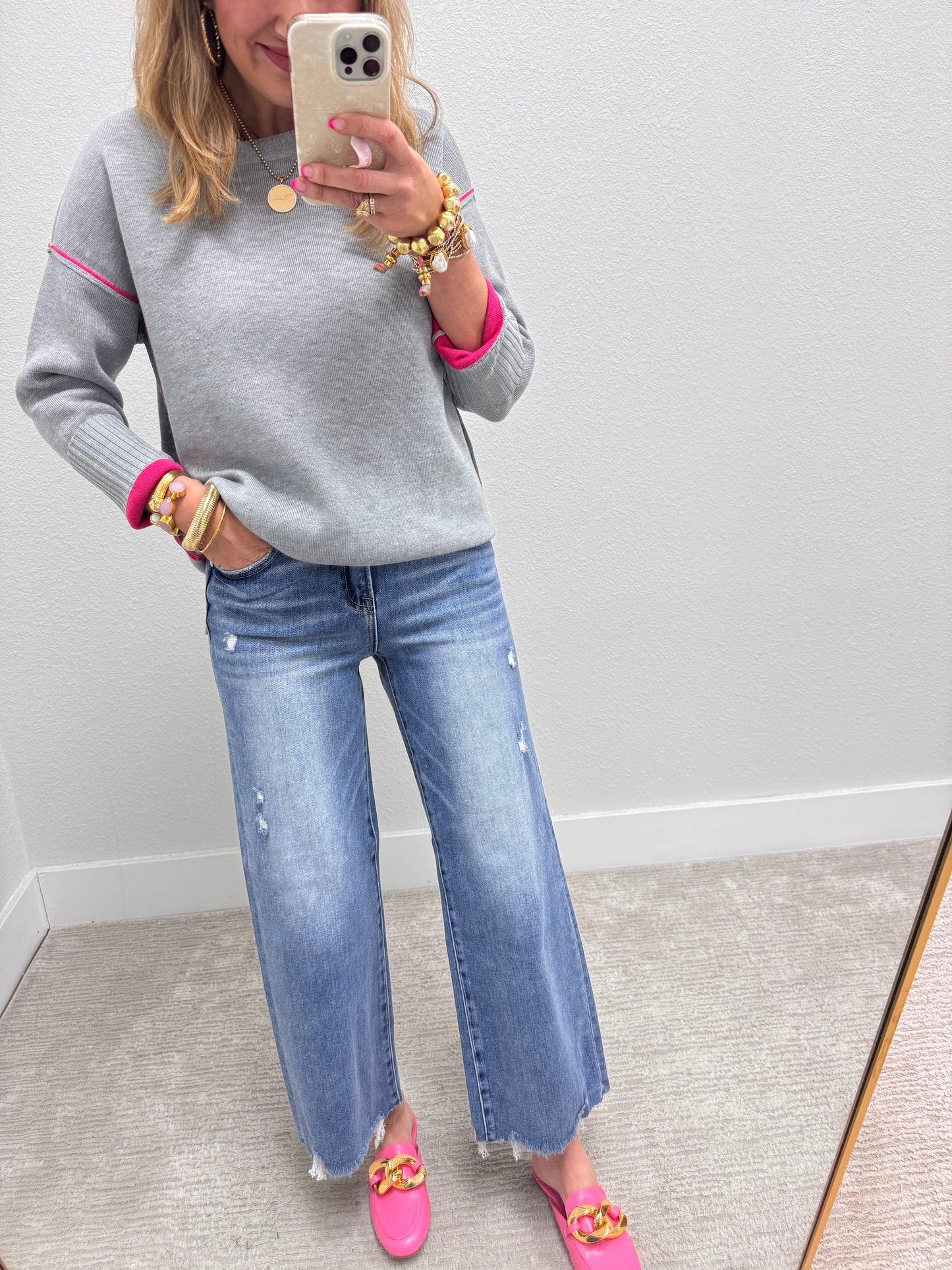 Charcoal & Pink Round Neck Contrast Trim Sweater