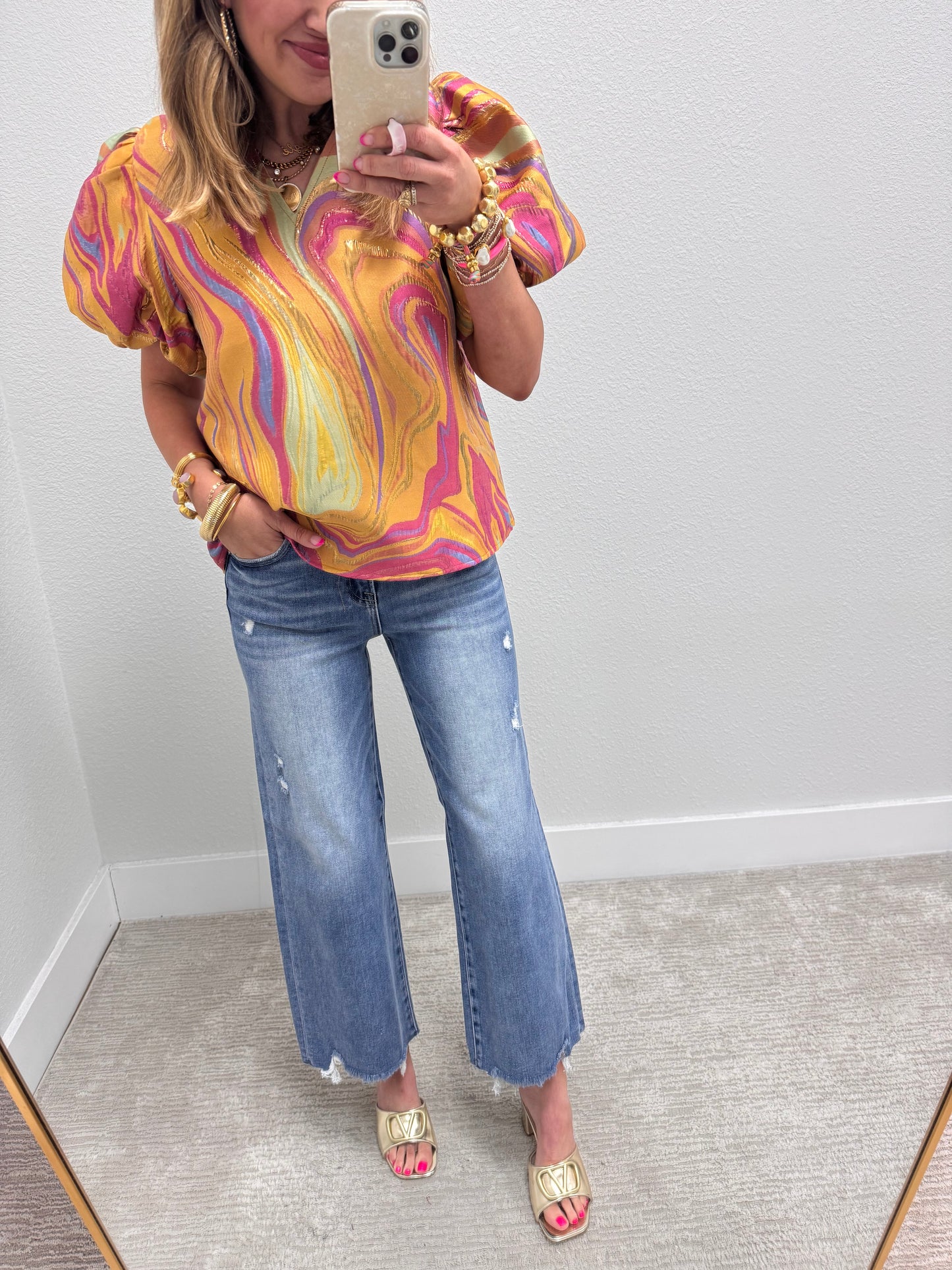 Mustard Mix Metallic Puff Sleeve Top