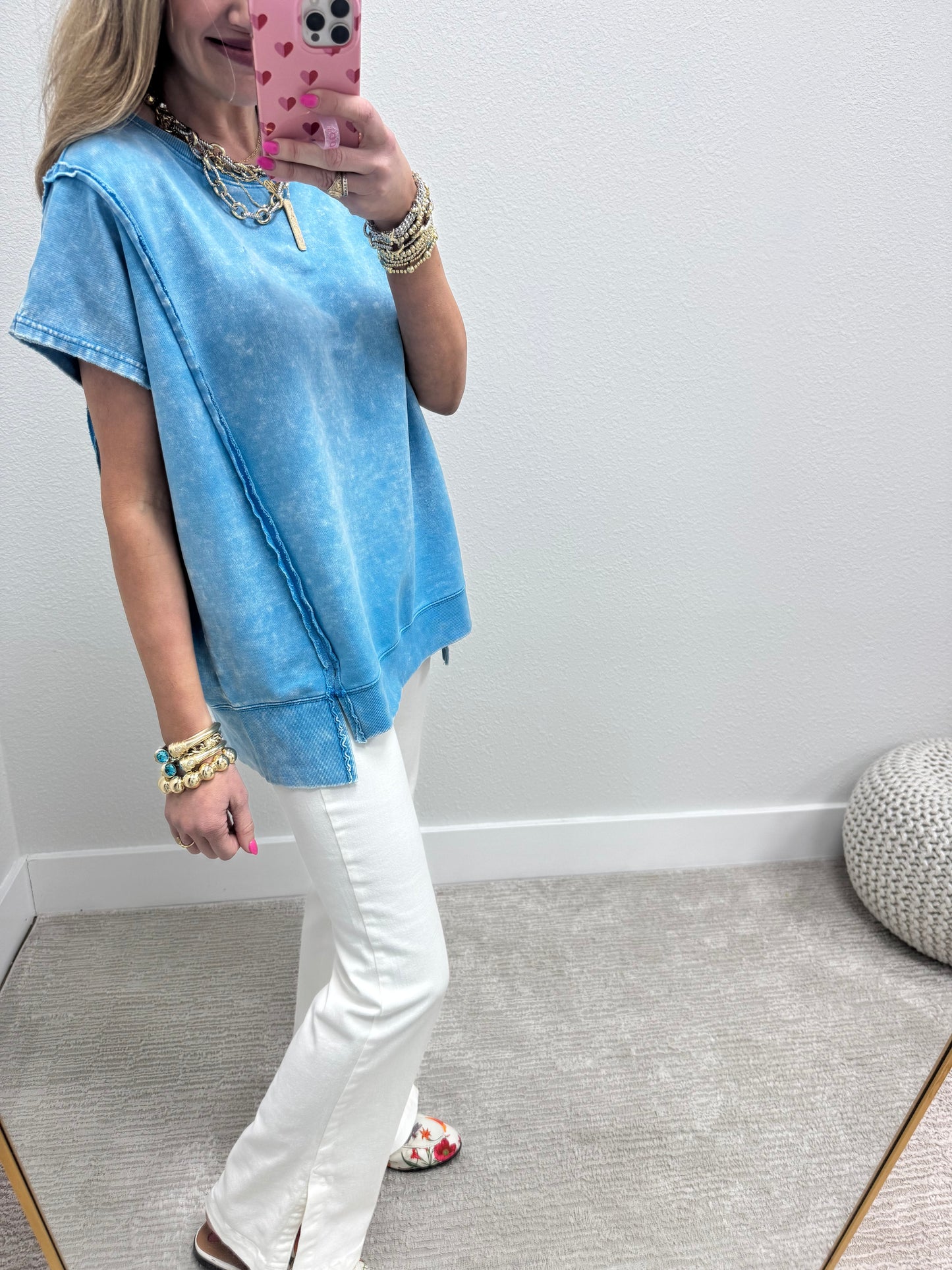 Sky Blue Mineral Washed Exposed Hem Short Sleeve