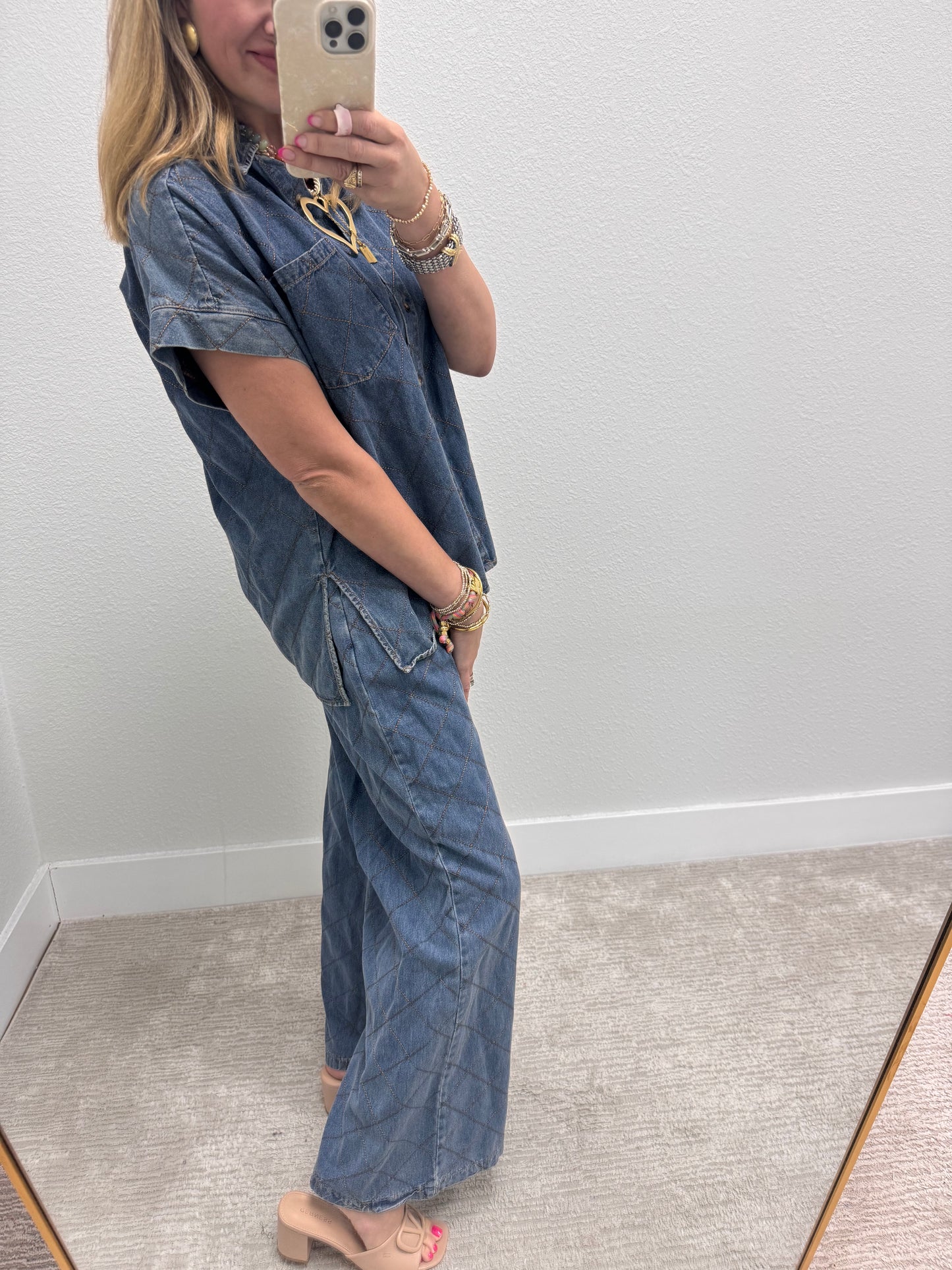 Aug18 Denim Quilted Stitched Two Piece Pant Set