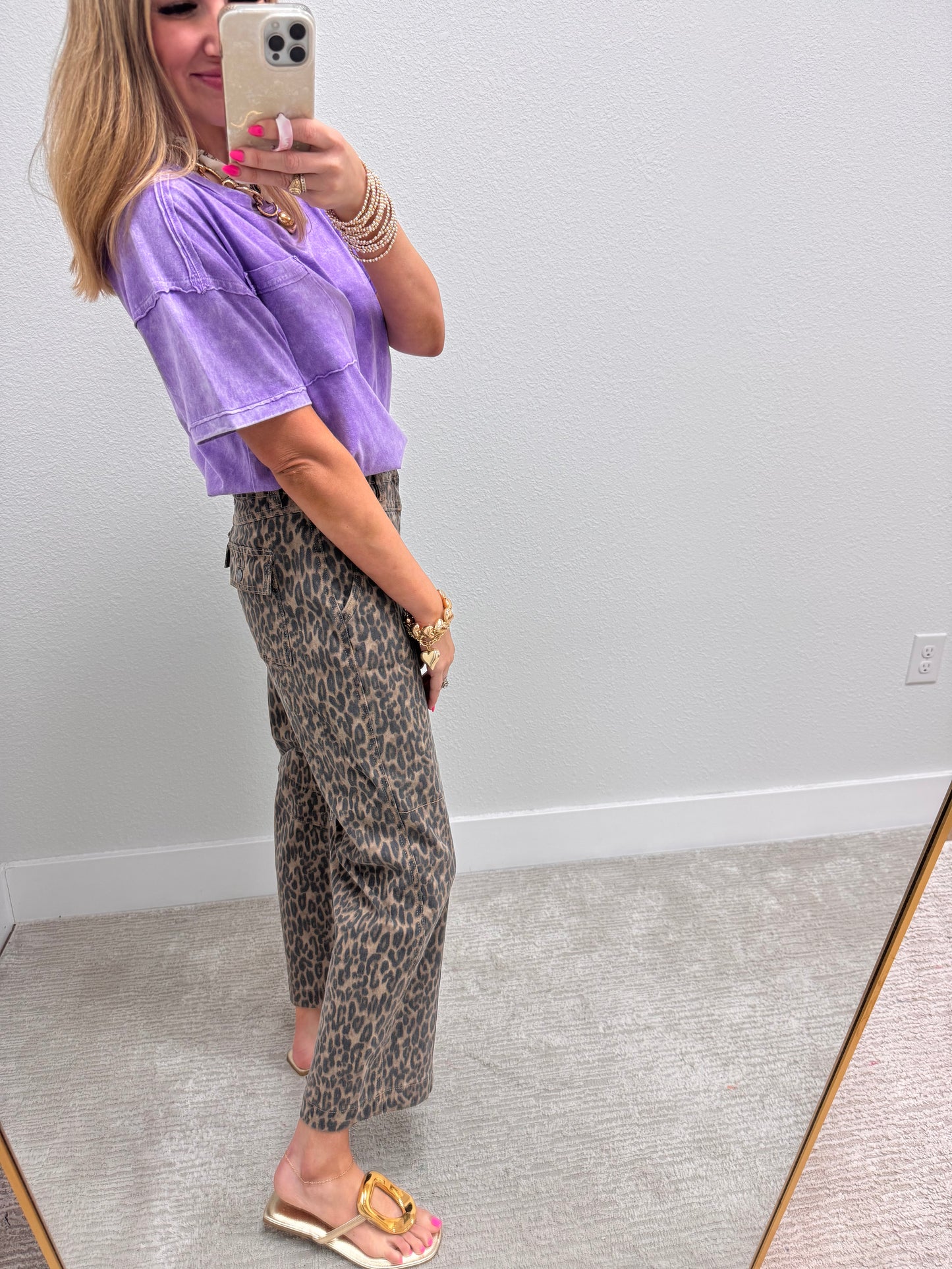 Risen Leopard Camel Mid Rise Crop Relaxed Fit Jeans