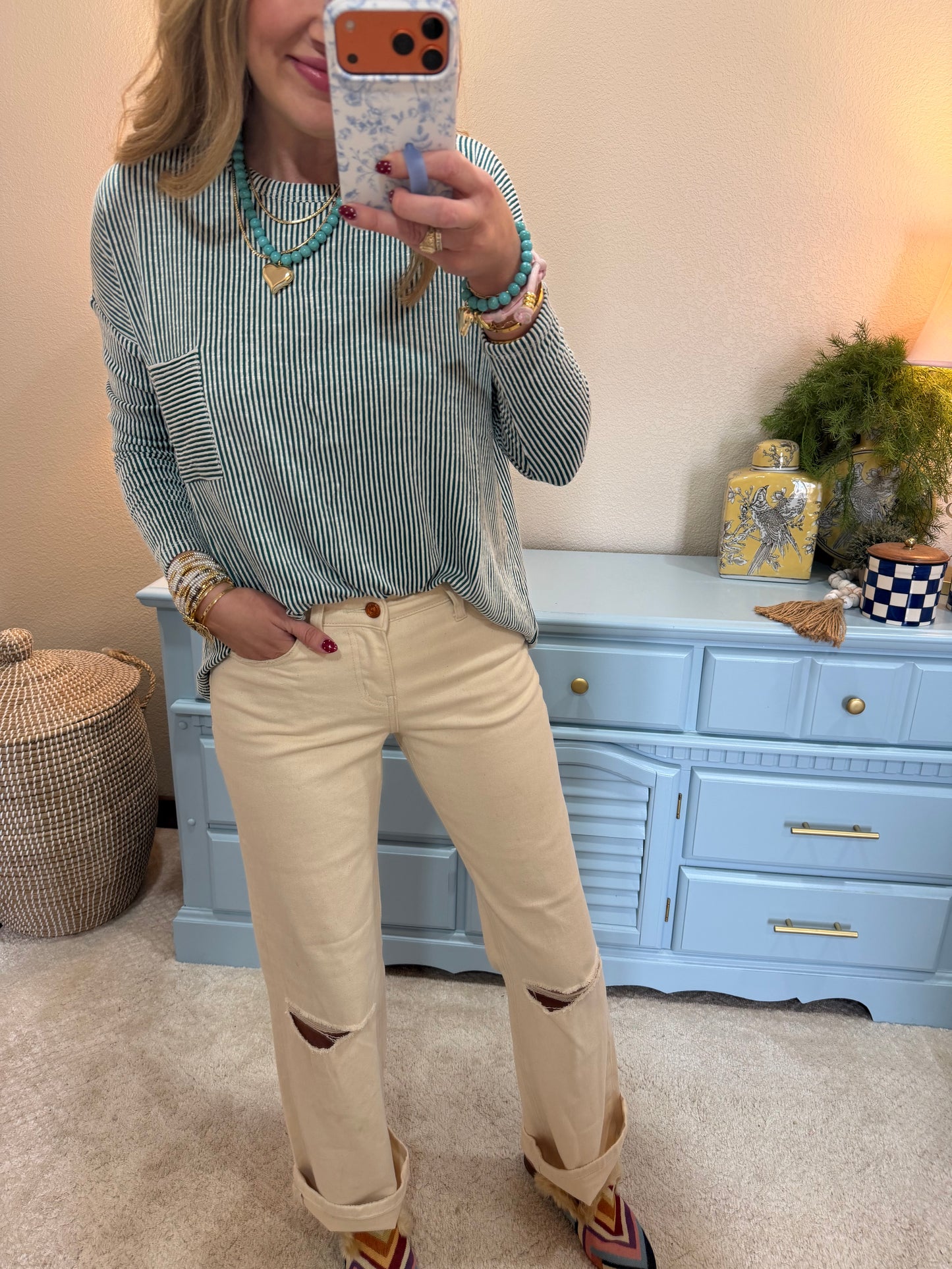 Dark Green Ribbed Long Sleeve Top