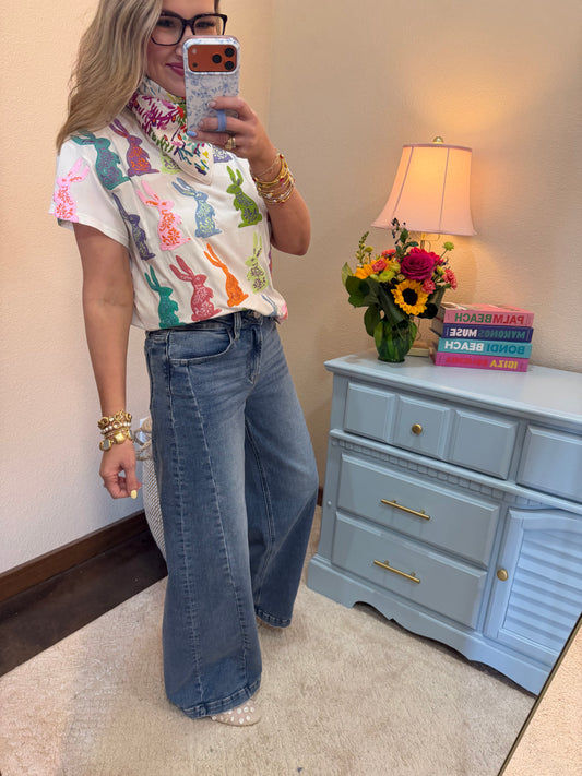 Medium Wash Wide Leg Side Panel Denim Pants