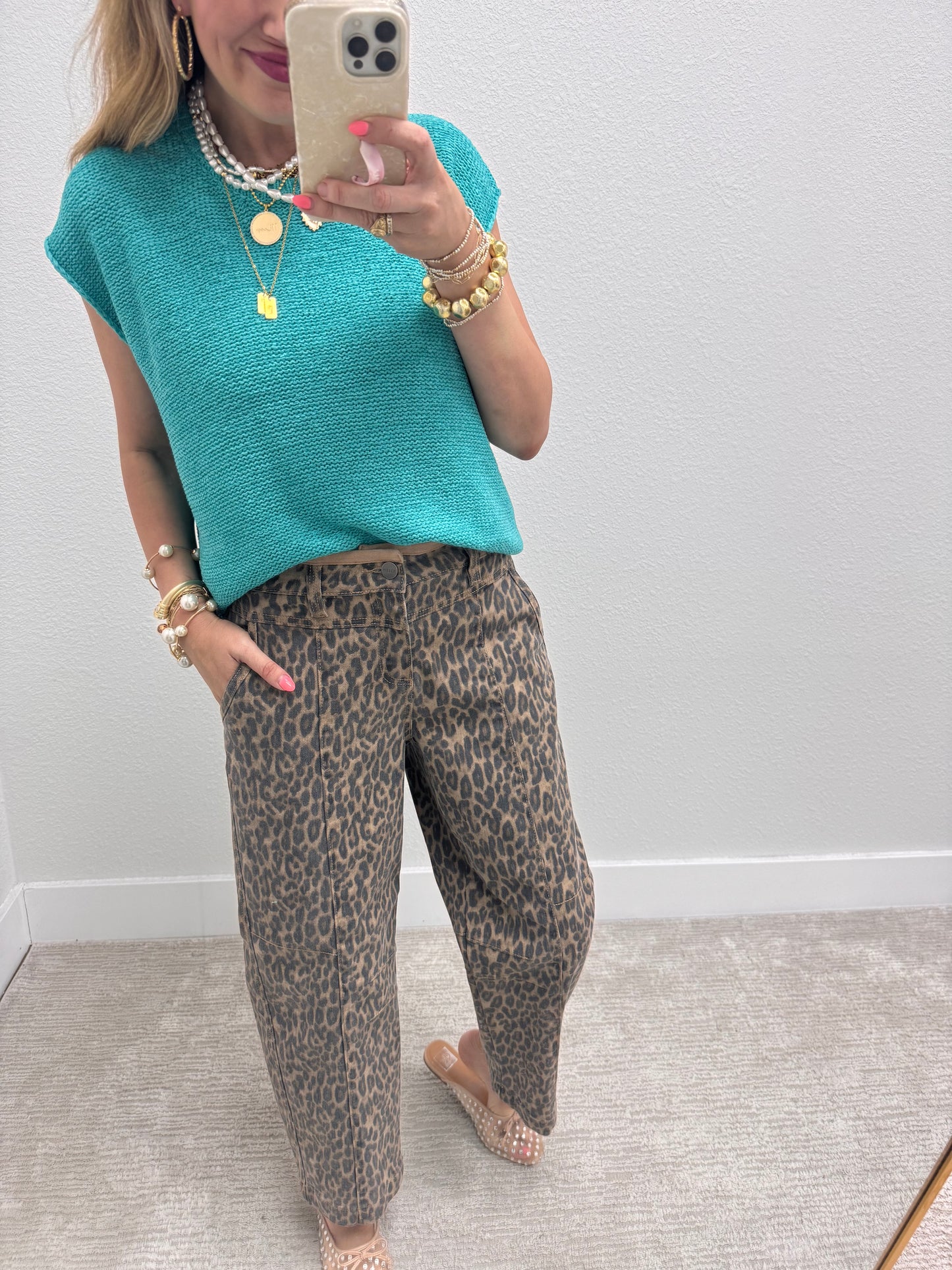 Risen Leopard Camel Mid Rise Crop Relaxed Fit Jeans