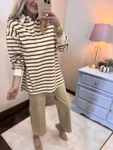 Cream/Brown Button up Collar Long Sleeve Top
