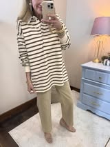 Cream/Brown Button up Collar Long Sleeve Top
