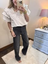 Polka Dot Contrast Edge Scallop Ruffle Top