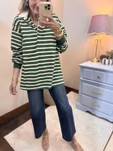 Green/Cream Button up Collar Long Sleeve Top