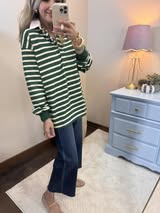 Green/Cream Button up Collar Long Sleeve Top