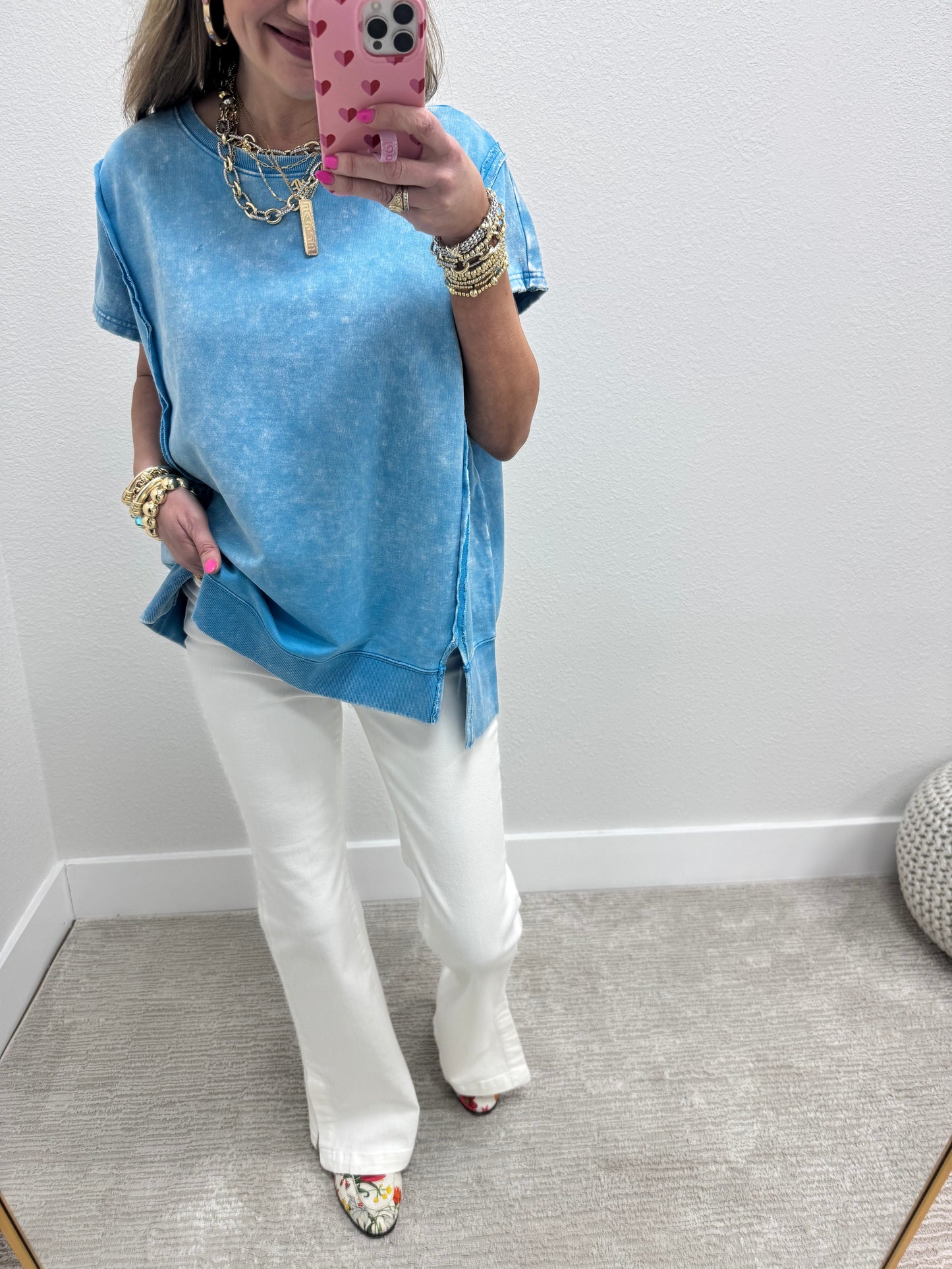 Sky Blue Mineral Washed Exposed Hem Short Sleeve