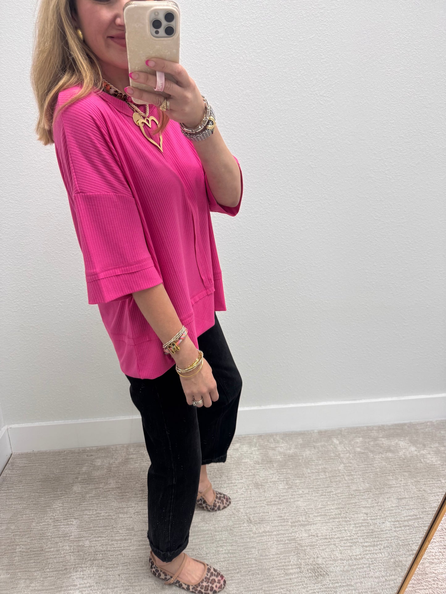 Pink Ribbed Half Sleeve Top