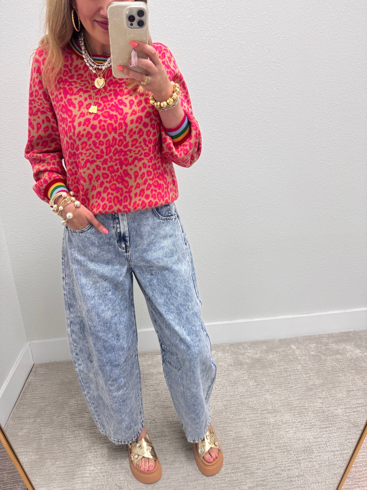 Aug11- Hot Pink Leopard Colorful Trim Sweater