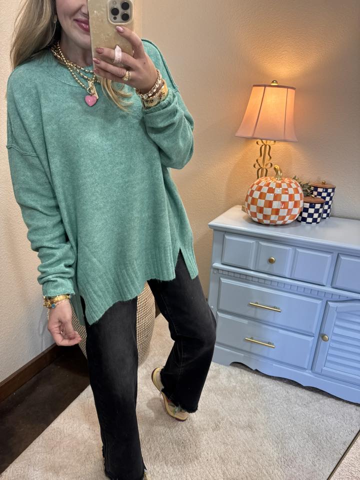Seafoam Relaxed Fit Cable Neck Sweater