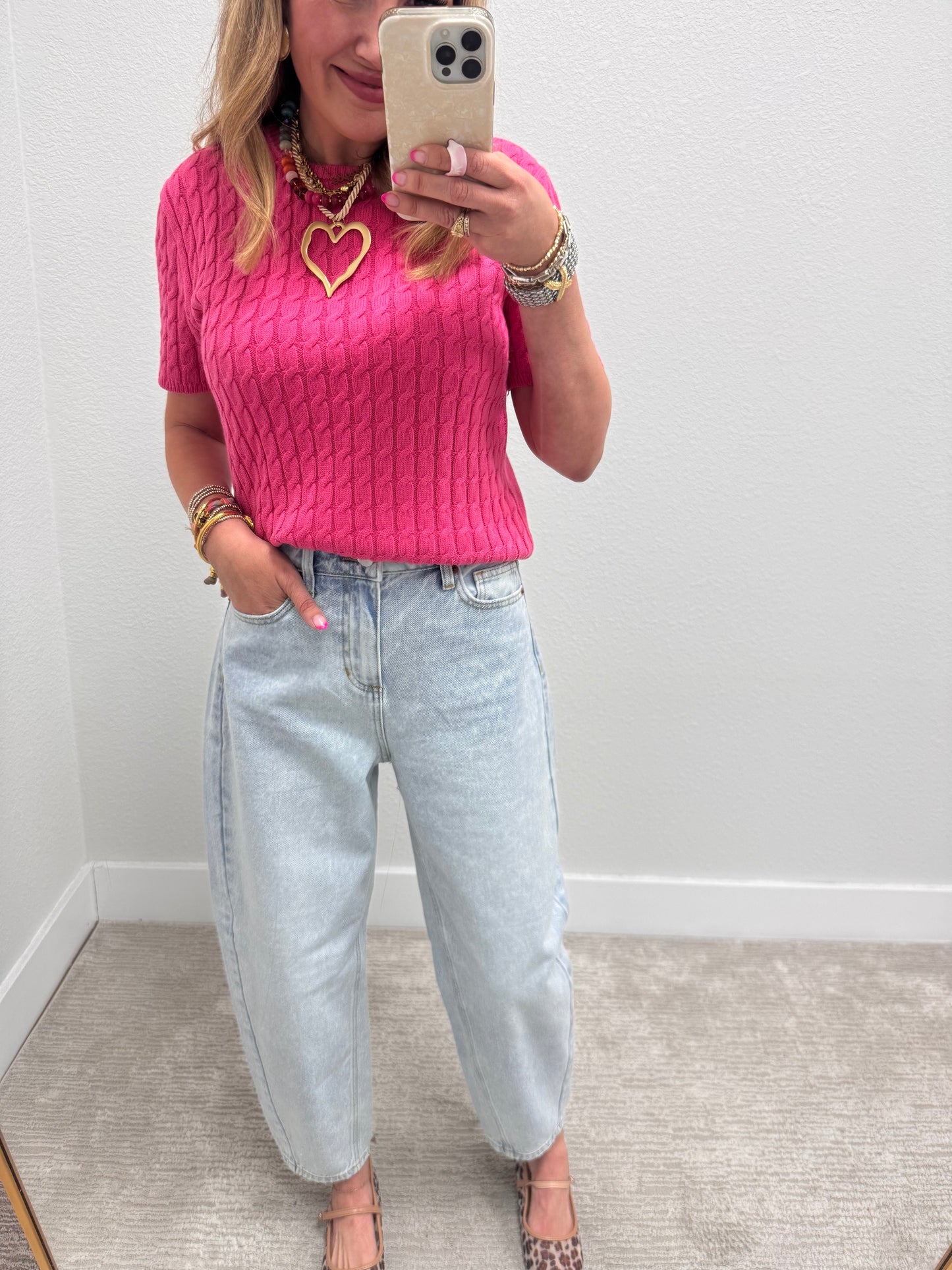 Pink Round Neck Cable Knit Top