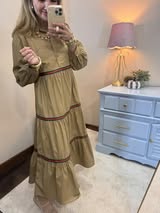 Taupe Stripe Trim Accent Tiered Midi Dress