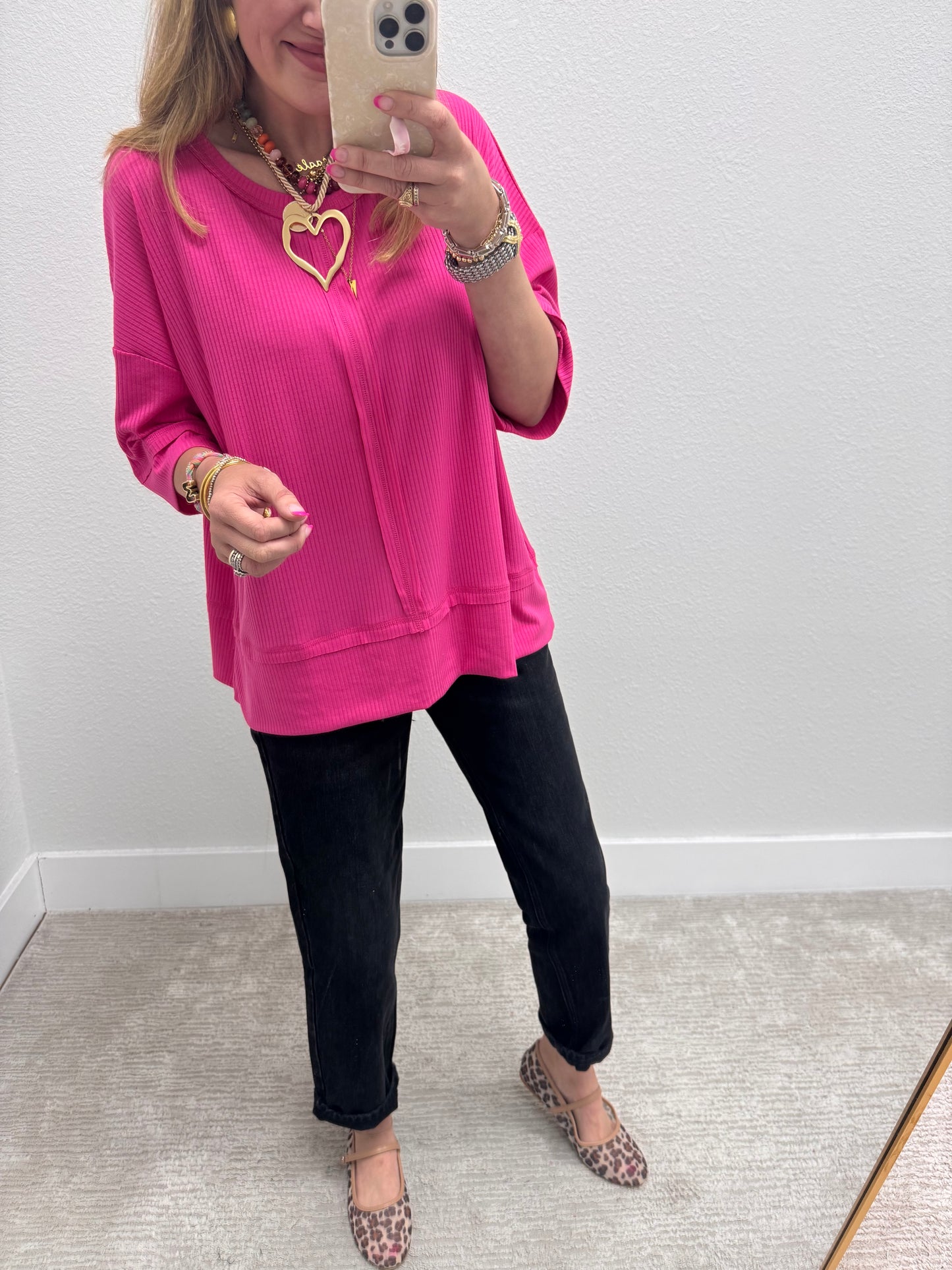 Pink Ribbed Half Sleeve Top