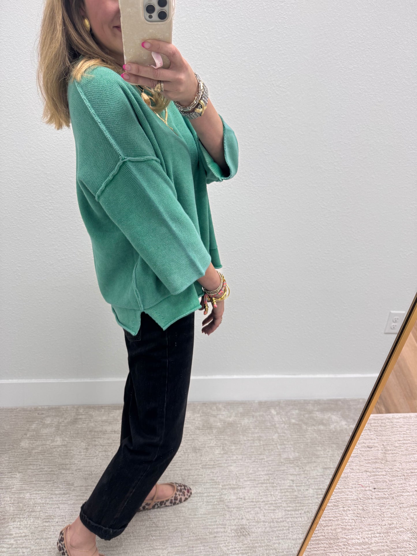 Aug18 Kelly Green Washed 3/4 Sleeve Boxy Sweater