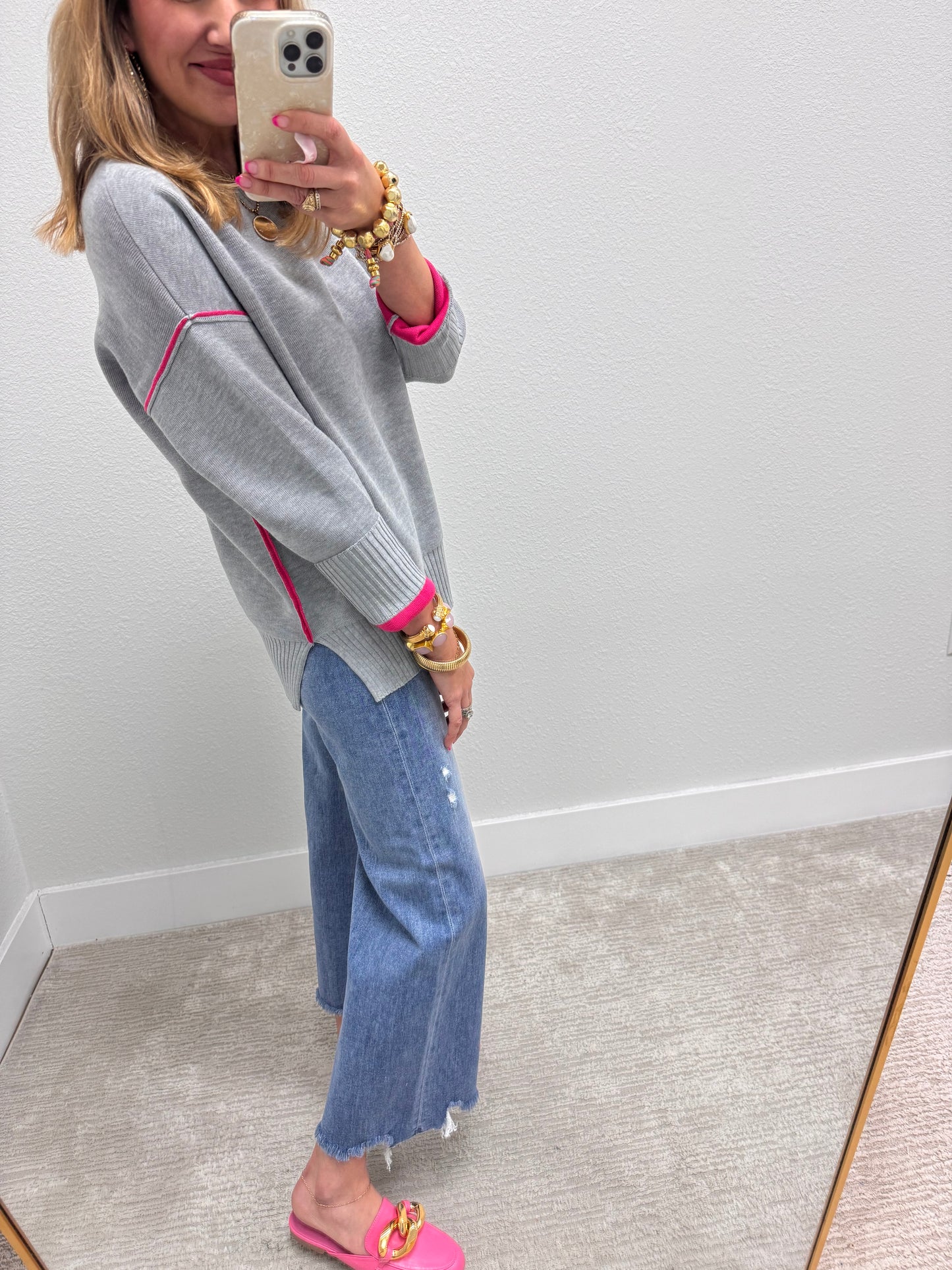 Charcoal & Pink Round Neck Contrast Trim Sweater