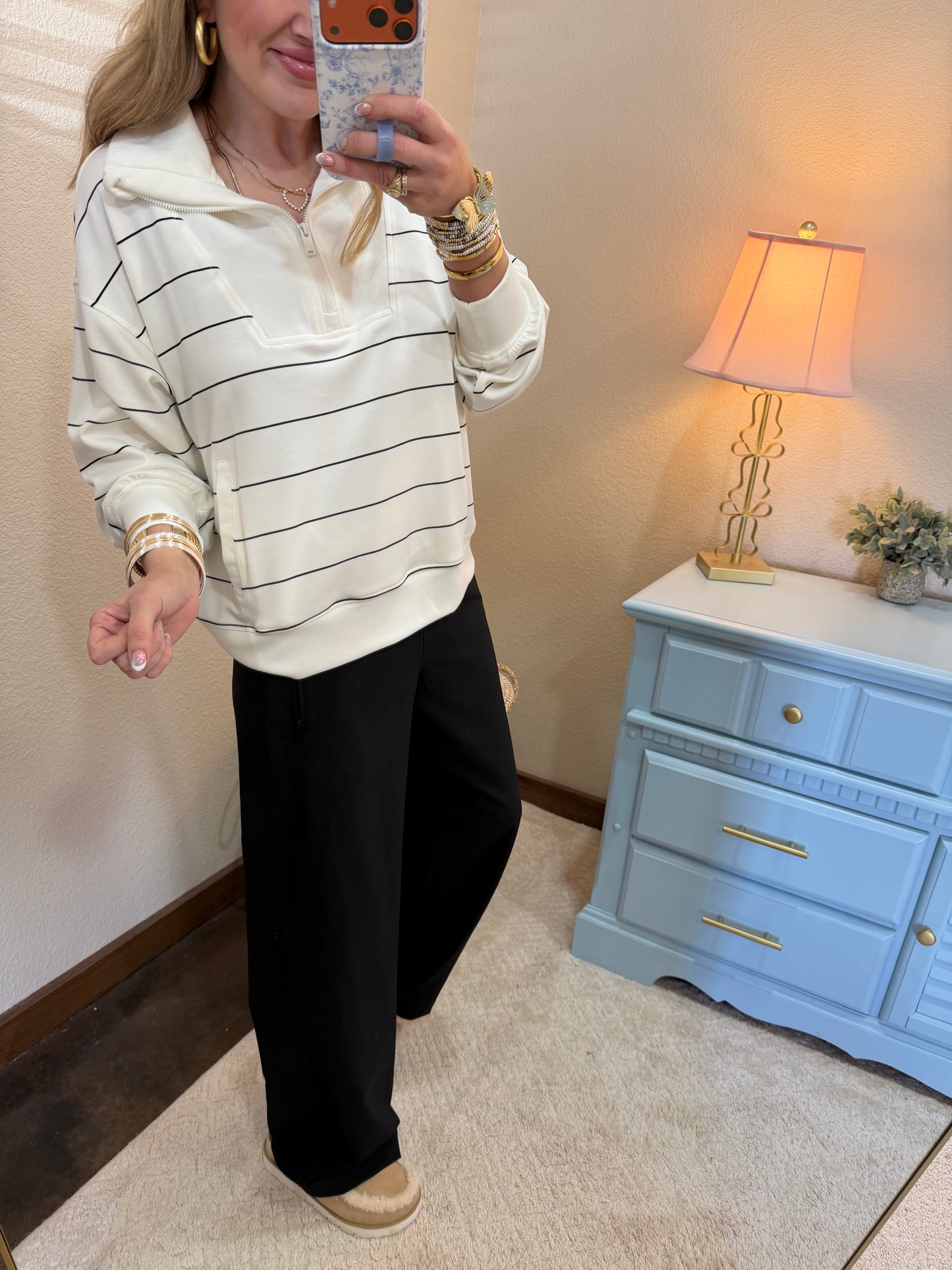 Cream Scuba Striped 3/4 Zip