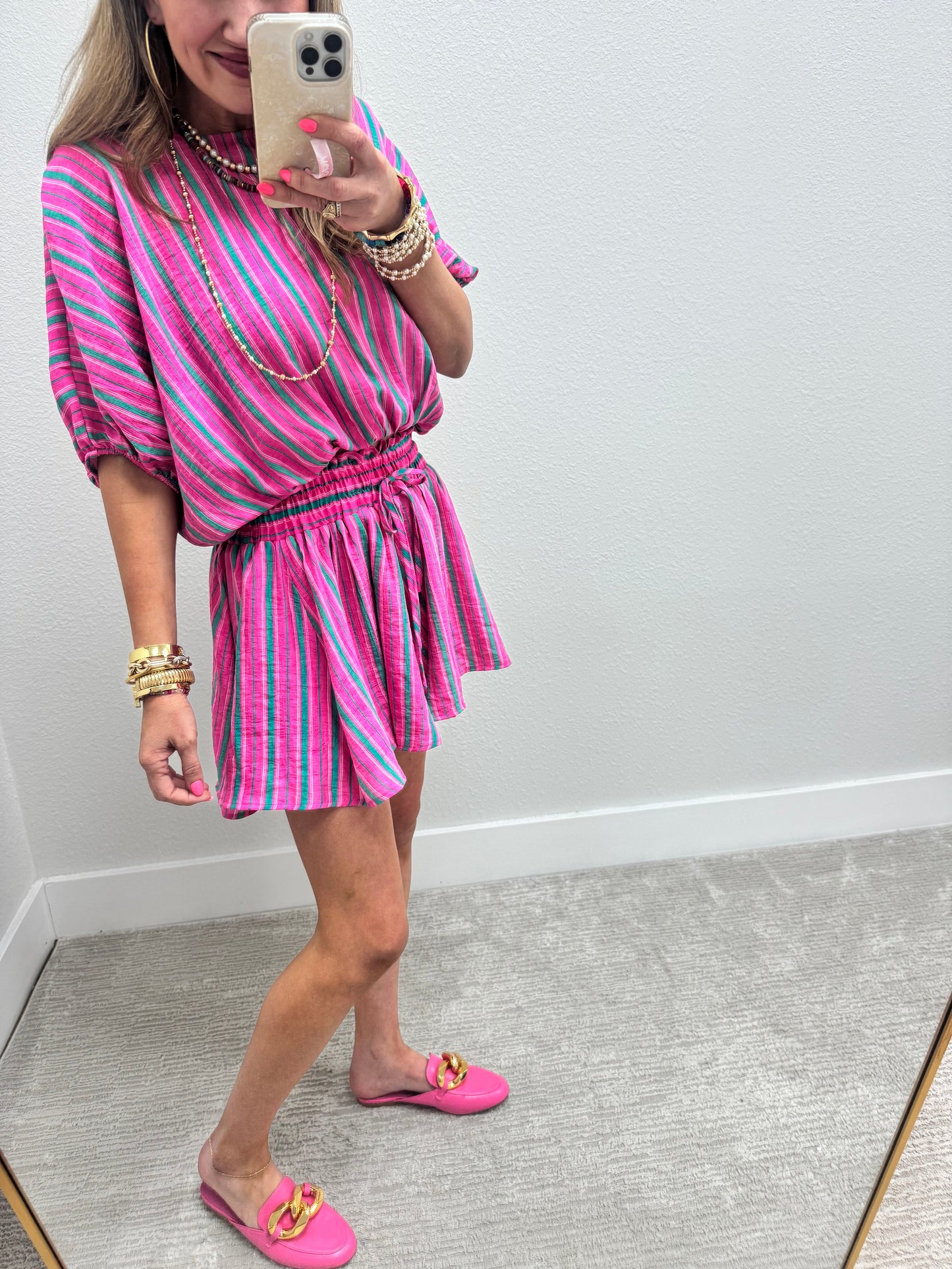 Pink and Green Striped Flowey Two Piece Short Set