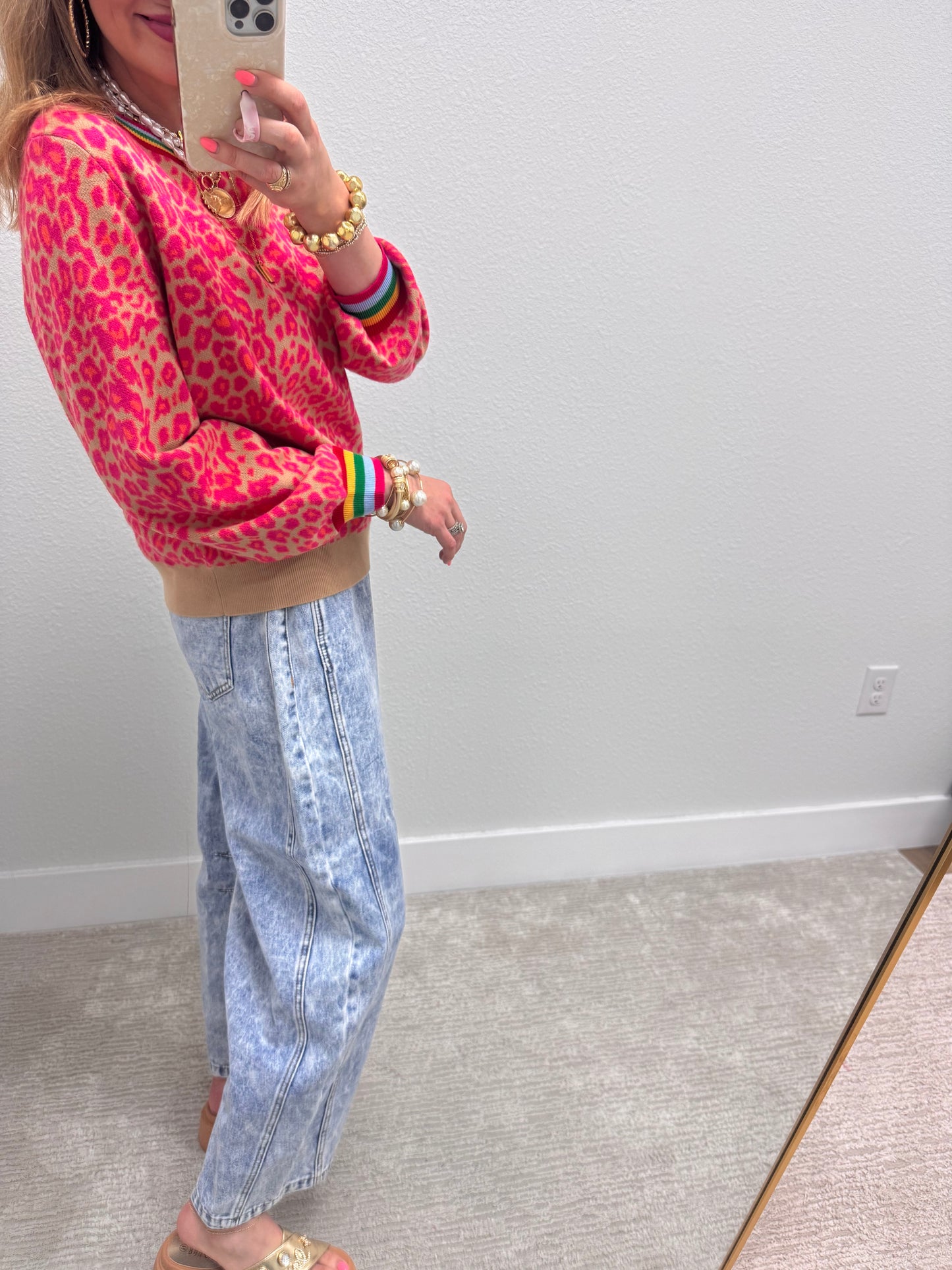 Aug11- Hot Pink Leopard Colorful Trim Sweater