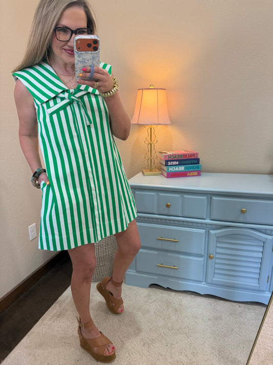 Kelly Green Stripe Sailor Neck Dress