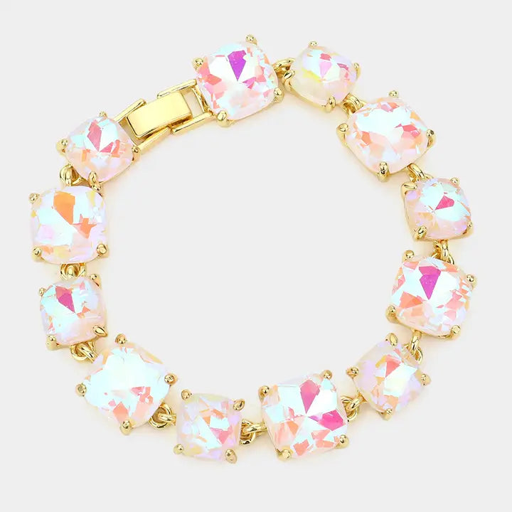 Cushion Square Stone Link Evening Bracelet- Clear White