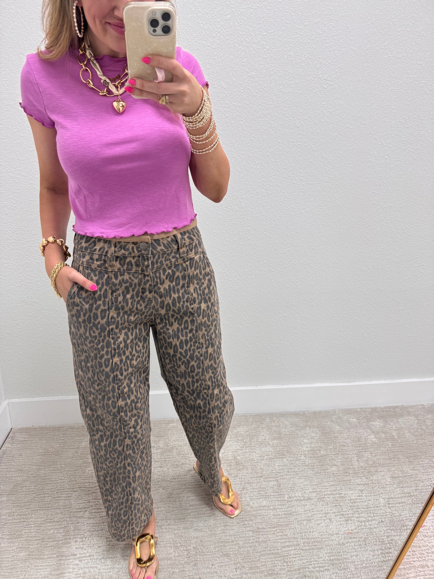 Risen Leopard Camel Mid Rise Crop Relaxed Fit Jeans