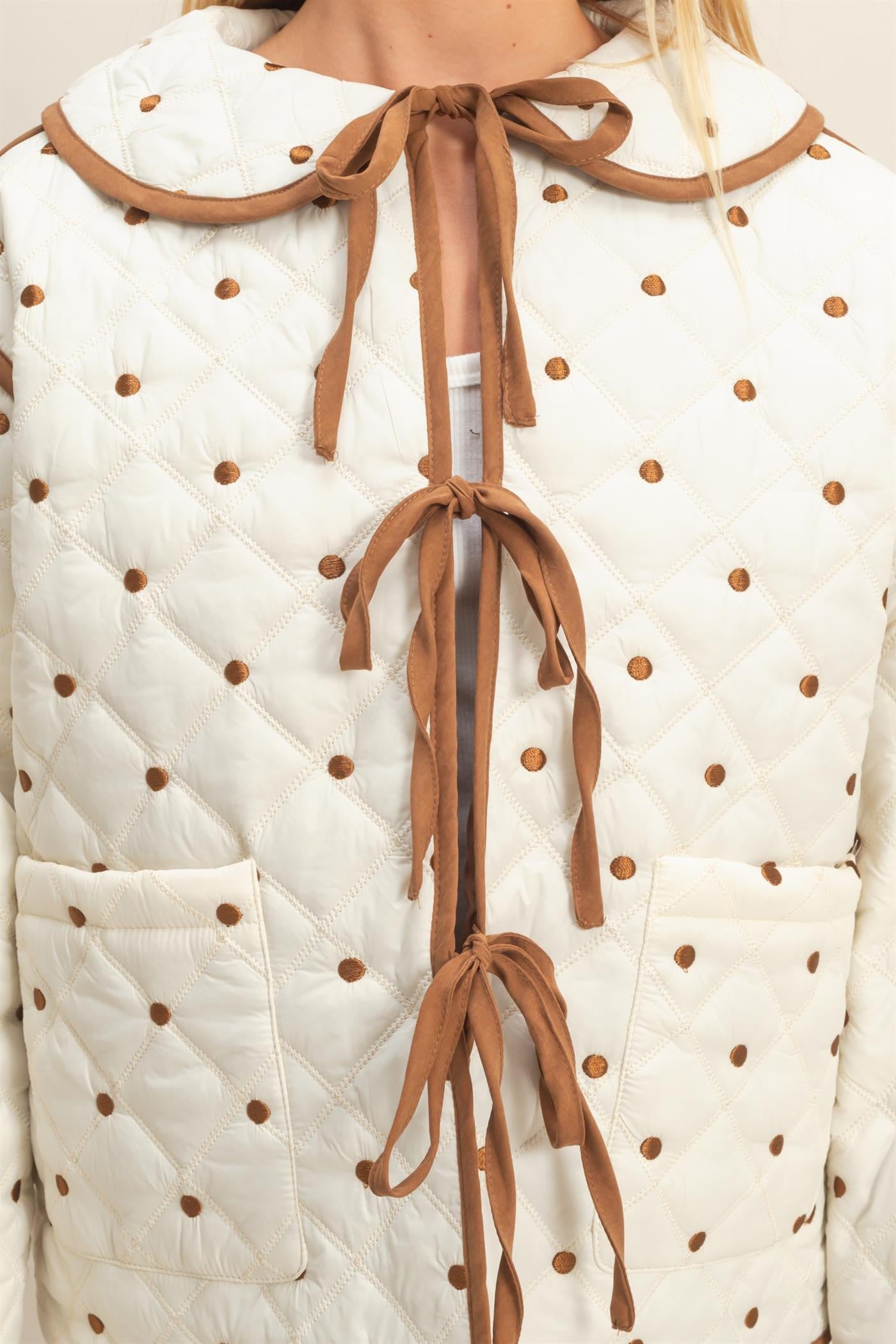 Cream/Brown Polkadot Quilted Front Tie Jacket