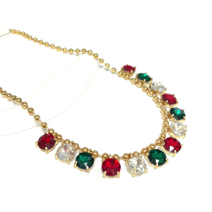 Crystal Glass Bead Dangle Station Ball Beaded Chain Necklace- Christmas