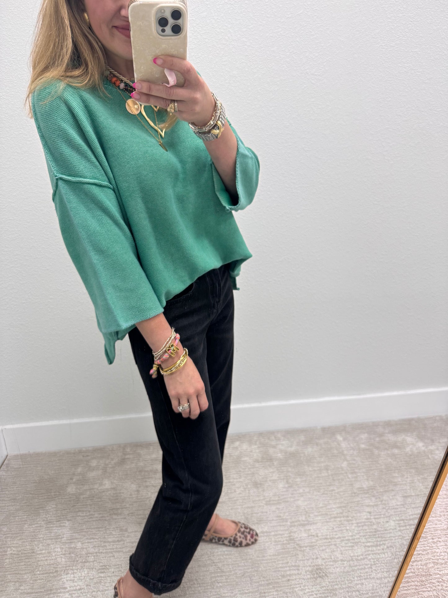Aug18 Kelly Green Washed 3/4 Sleeve Boxy Sweater