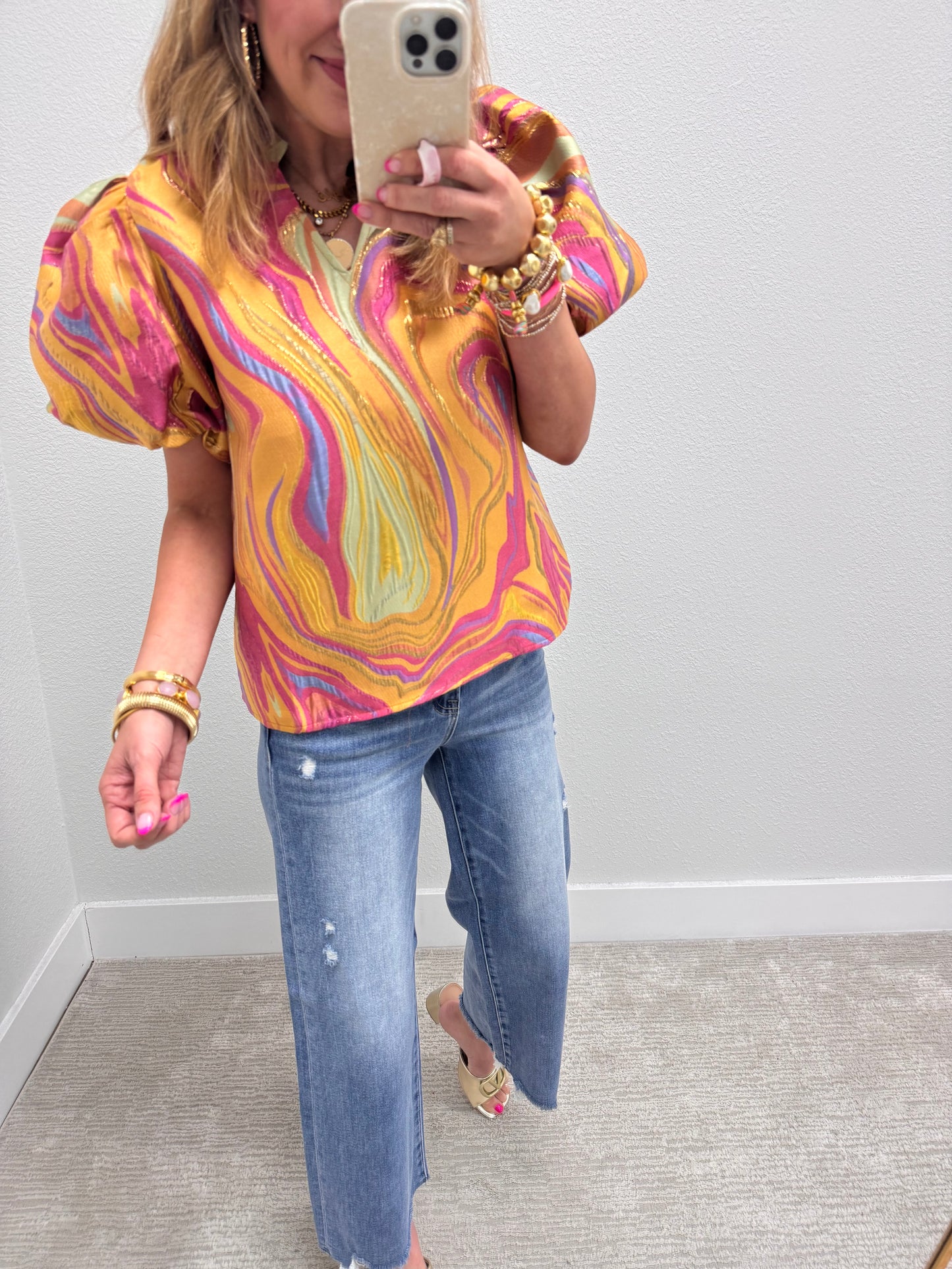 Mustard Mix Metallic Puff Sleeve Top