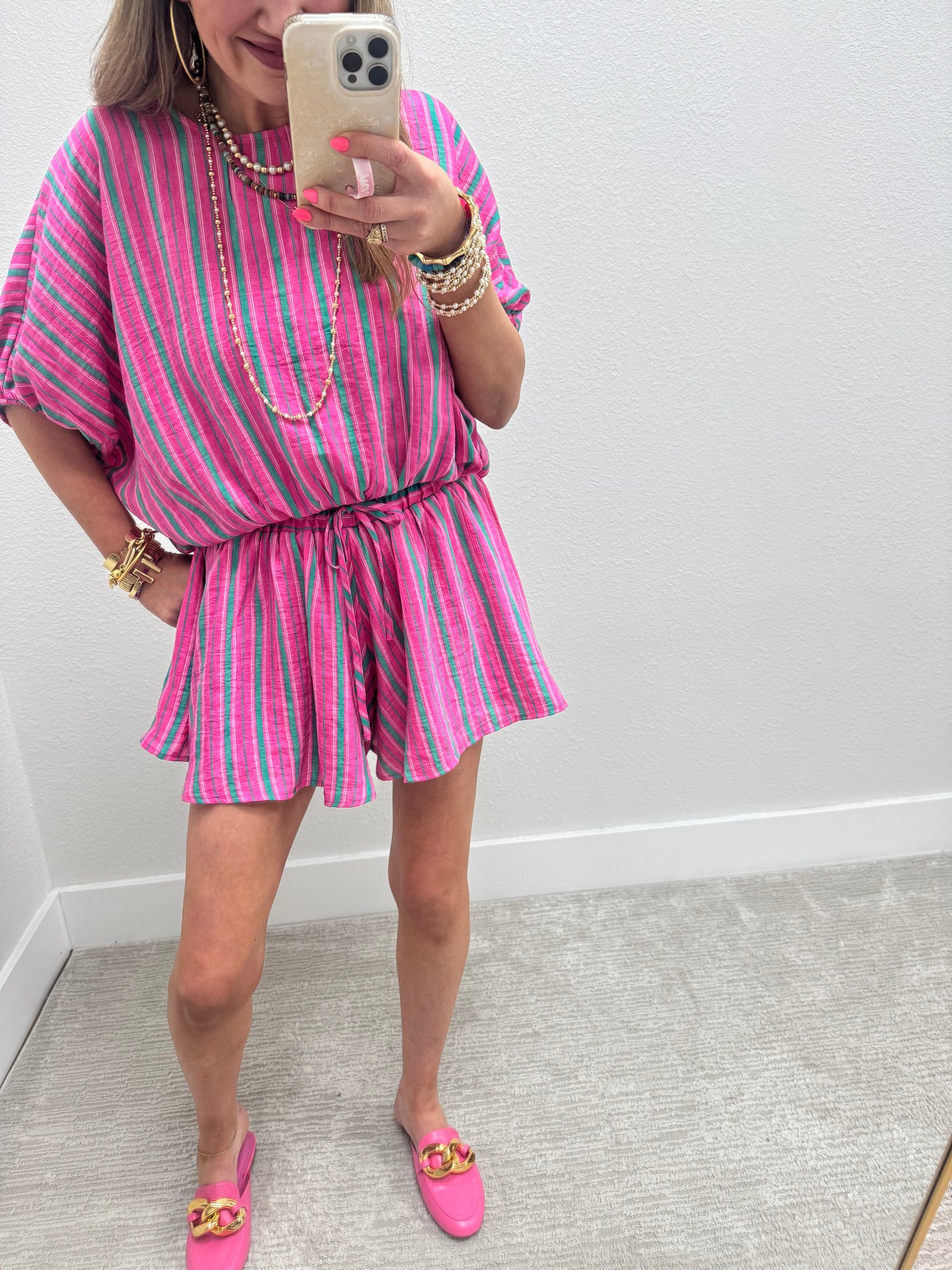 Pink and Green Striped Flowey Two Piece Short Set