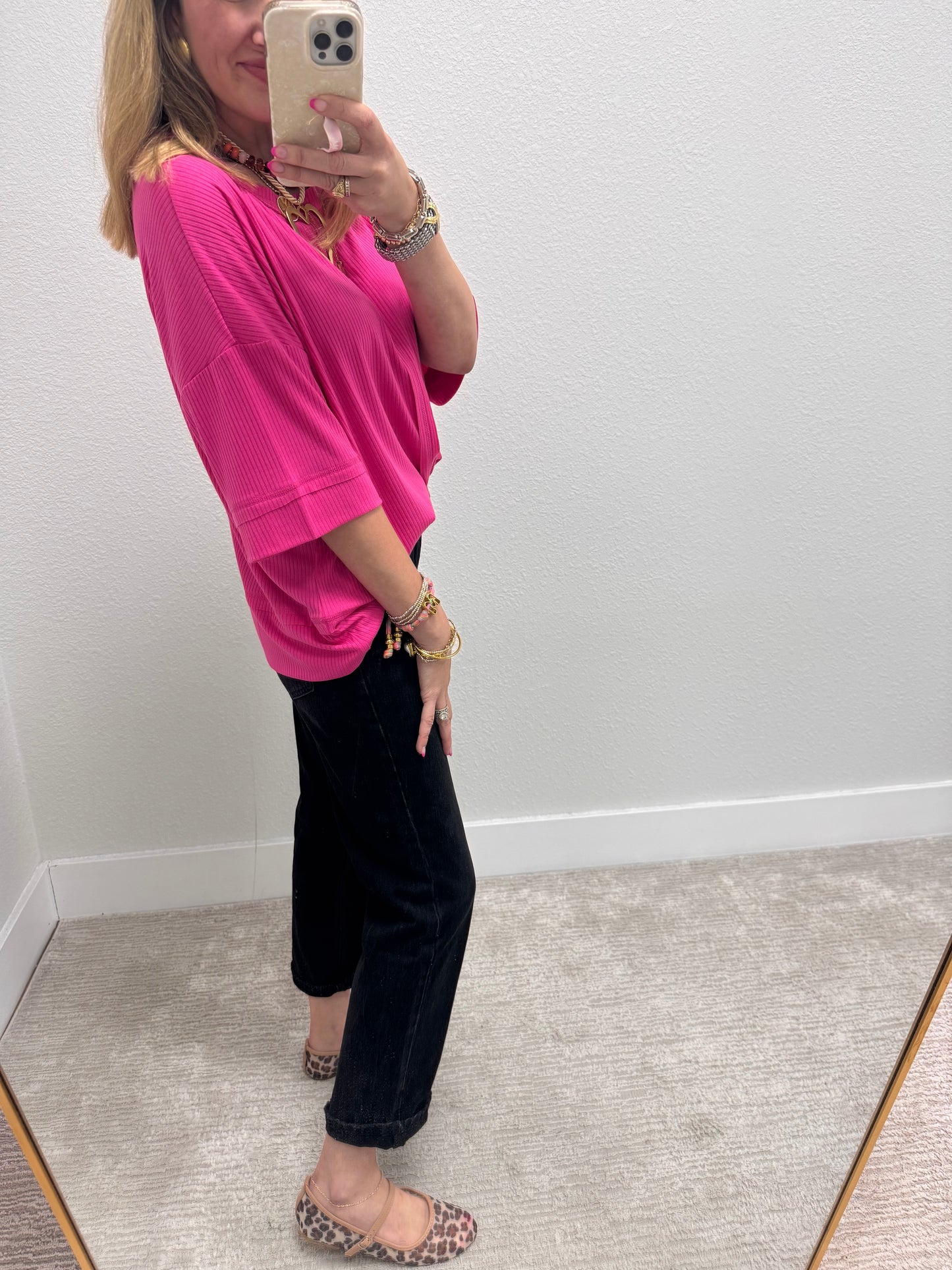 Pink Ribbed Half Sleeve Top