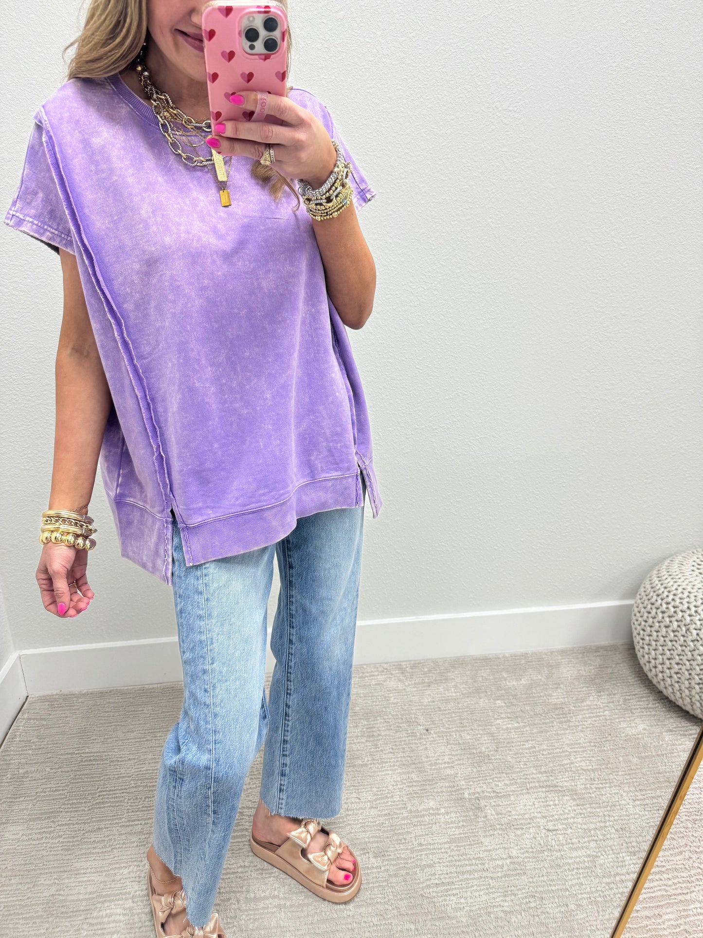 Lavender Mineral Washed Exposed Hem Short Sleeve