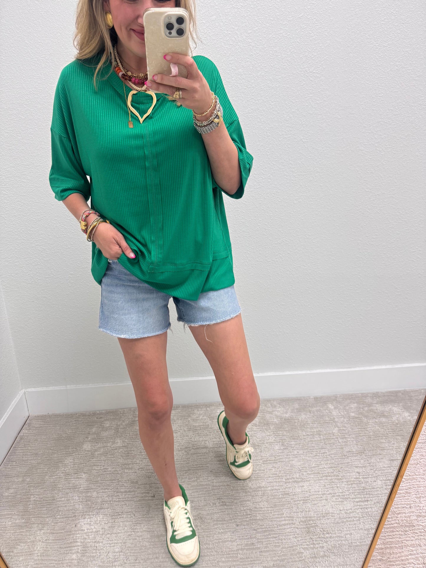 Kelly Green Ribbed Half Sleeve Top