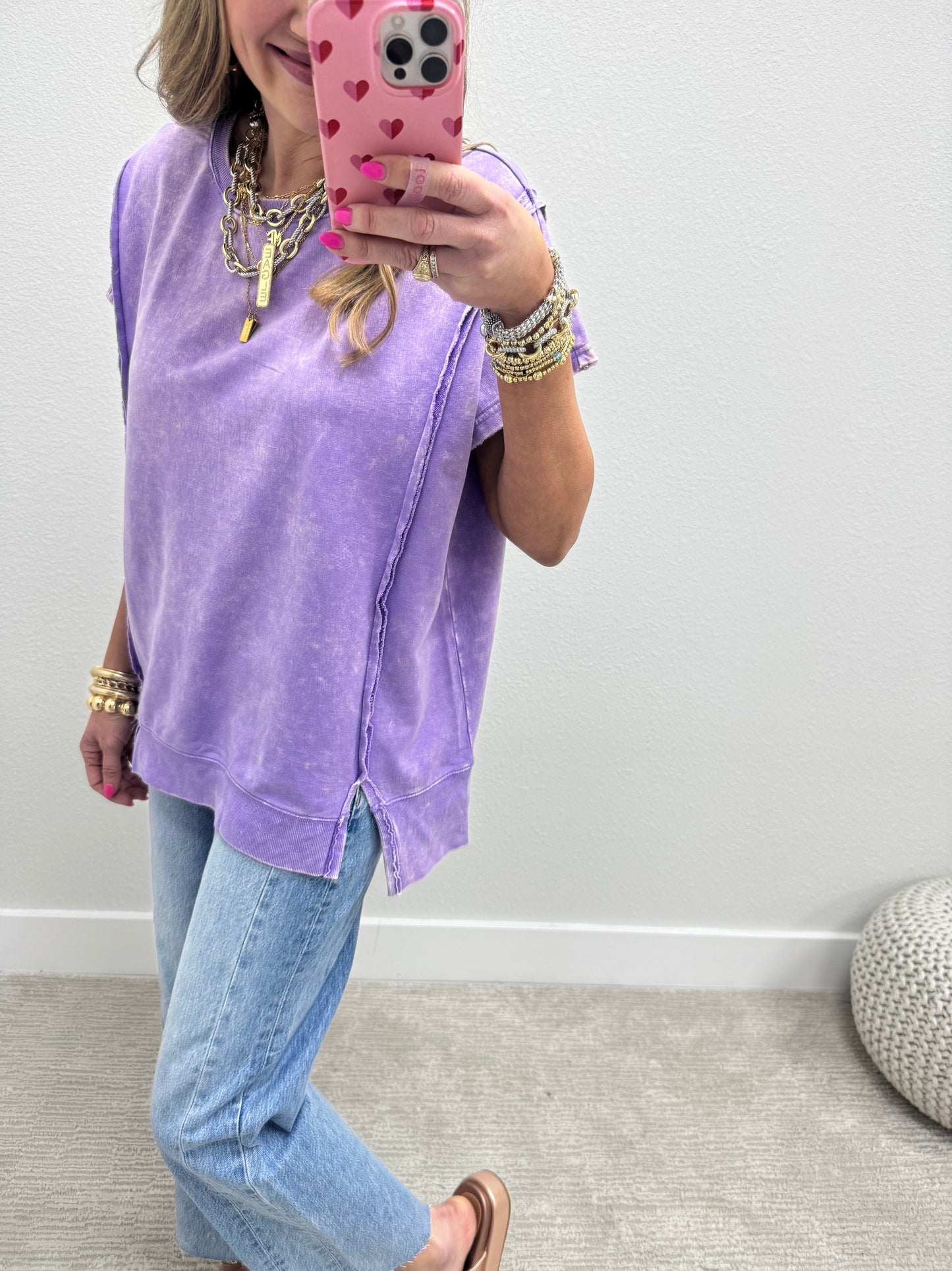 Lavender Mineral Washed Exposed Hem Short Sleeve