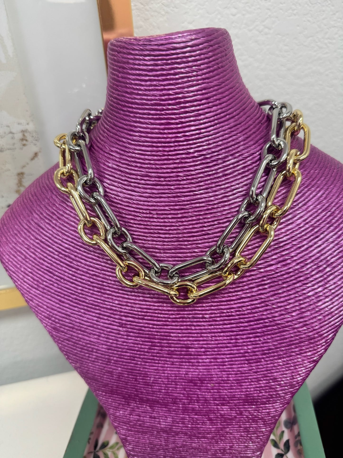 Rectangle Link Magnetic Necklace (Silver and Gold)