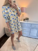 Green and Blue Floral Button Puff Sleeve Dress