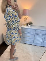Green and Blue Floral Button Puff Sleeve Dress