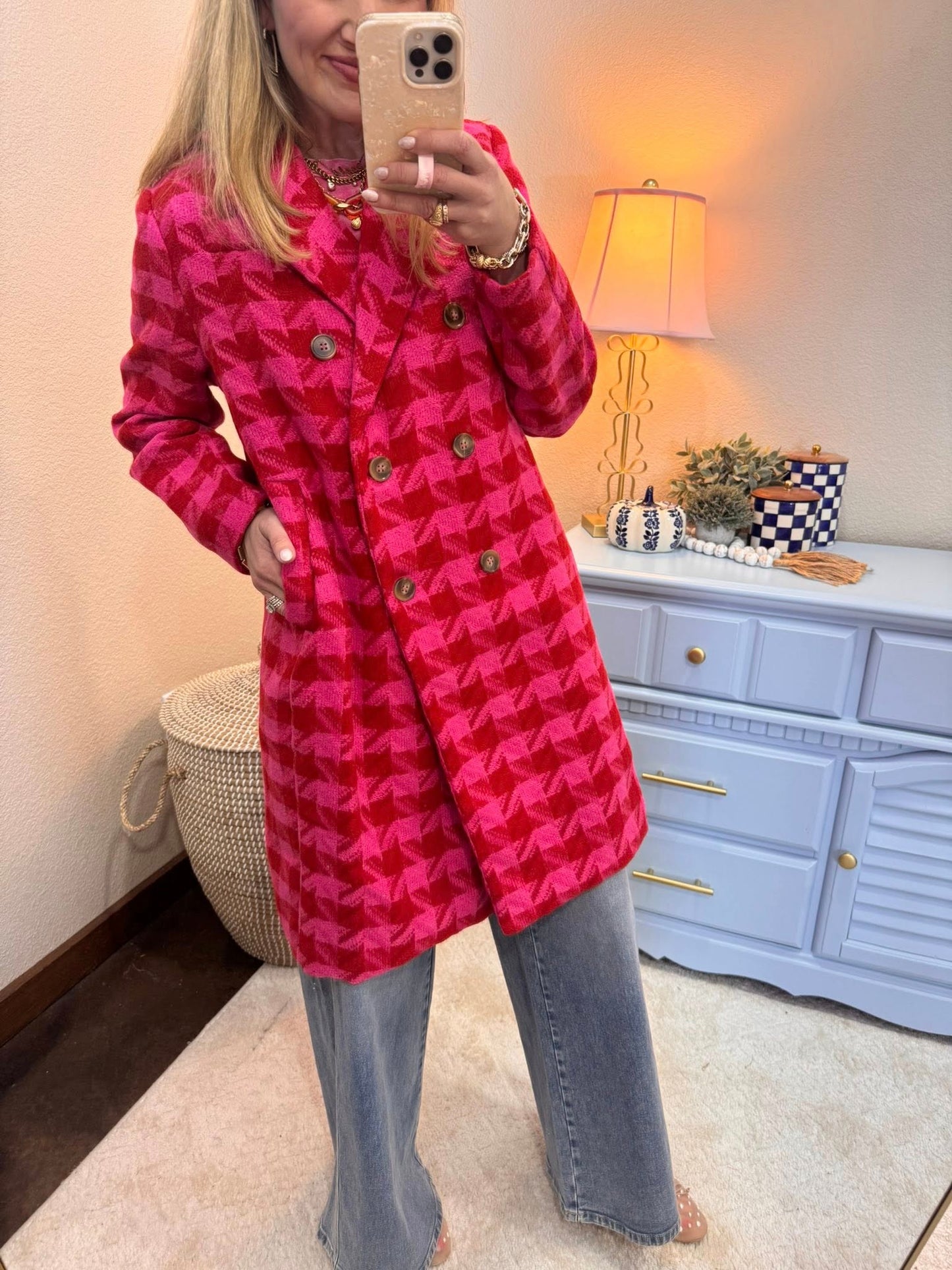 Pink & Red Textured Tweed Double Button Jacket