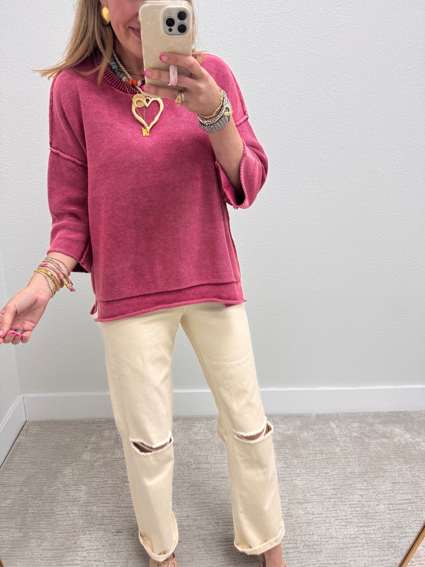 Aug18 Cabernet Washed 3/4 Sleeve Boxy Sweater