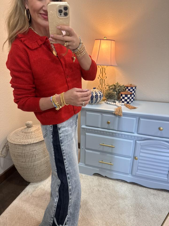 Red Ruffle Collar Cardigan Sweater
